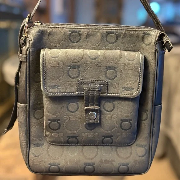 Vintage Salvatore Ferragamo Gancini Monogram Canvas Crossbody Bag - Black - Picture 8 of 14